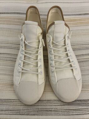 Men's White Sneakers with Tan Trim — Low-Top Lace-Up